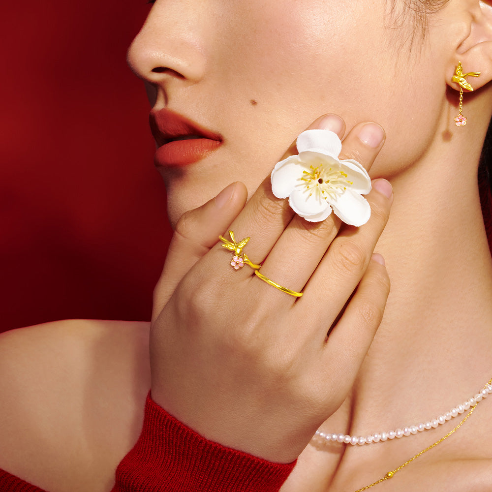 Twelve Gods of Flowers Series 24K Gold Enamel Magpie and Plum Blossom Ring