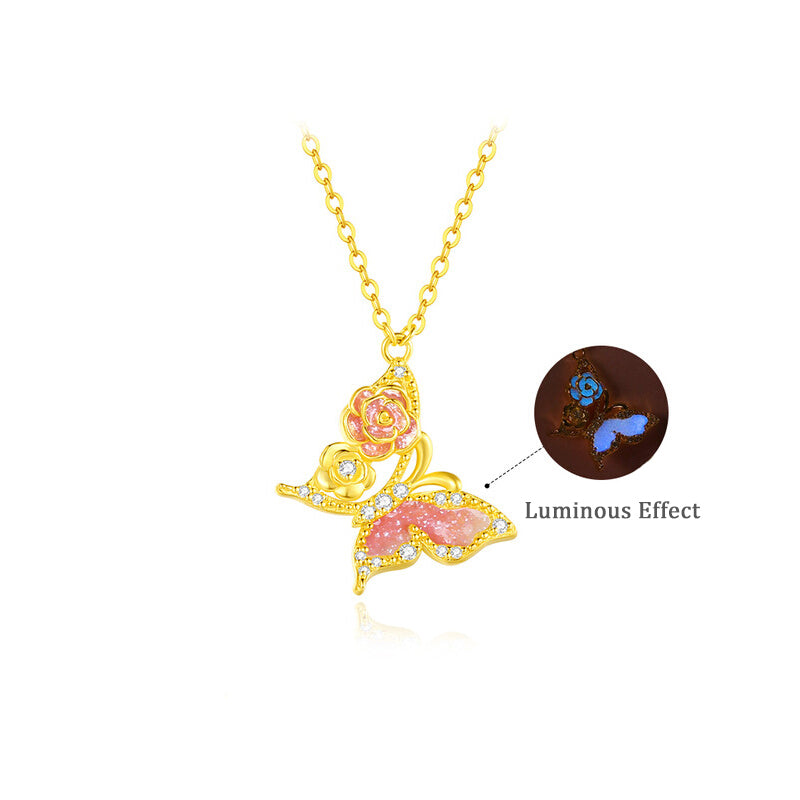 S925 Silver Luminous Enamel Rose Butterfly Necklace