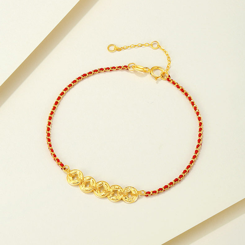 18K Gold Shining Five Emperors Coins Calabash Gourd String Bracelet