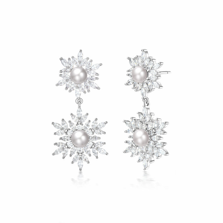 Copper Alloy Gorgeous Pearl Snowflake Drop Earrings