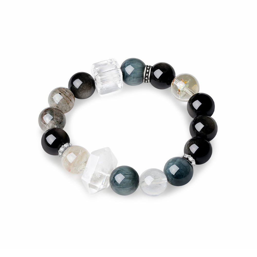 S925 Silver Natural Obsidian Crystal Beaded Men's Bracelet