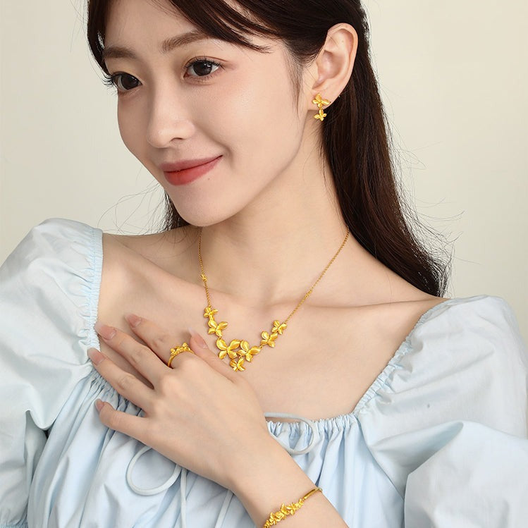 Happy Flower Wedding Series 24K Gold Butterfly Love Flower Jewelry Set - Necklace Earrings Ring