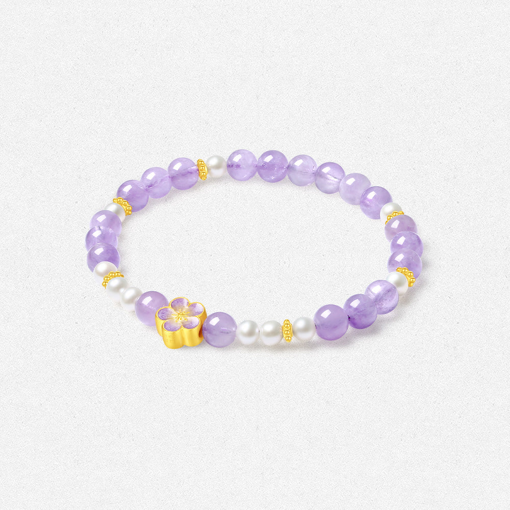 Monet Garden Series 24K Gold Amethyst Peach Blossom Beaded Bracelet