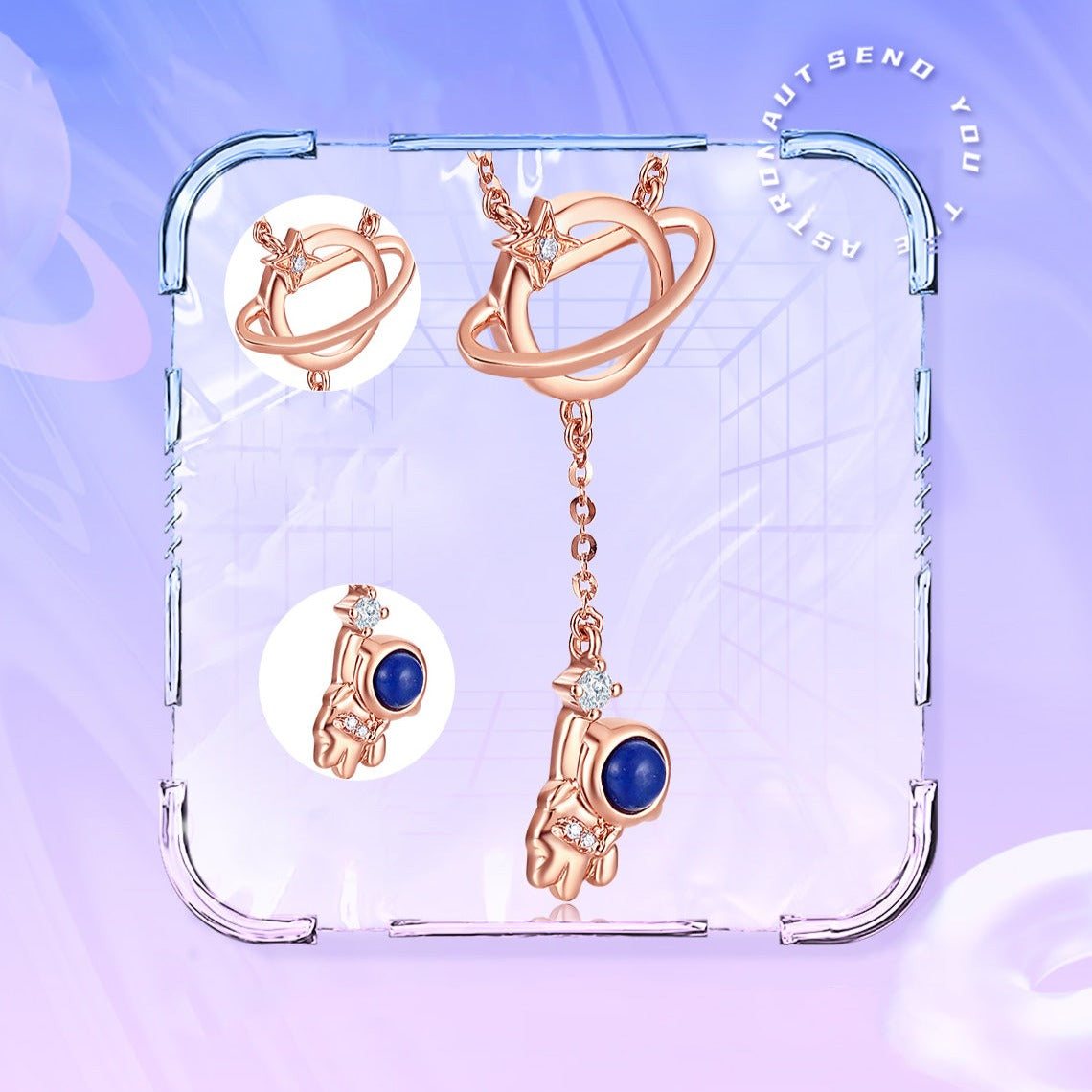 Vòng cổ nữ Phi Hành Gia Lapis Lazuli kim cương vàng hồng 18k lấp lánh