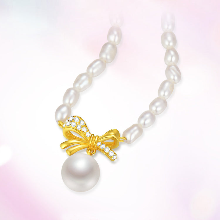 S925 Silver Pearl Golden Bow Knot Choker Necklace