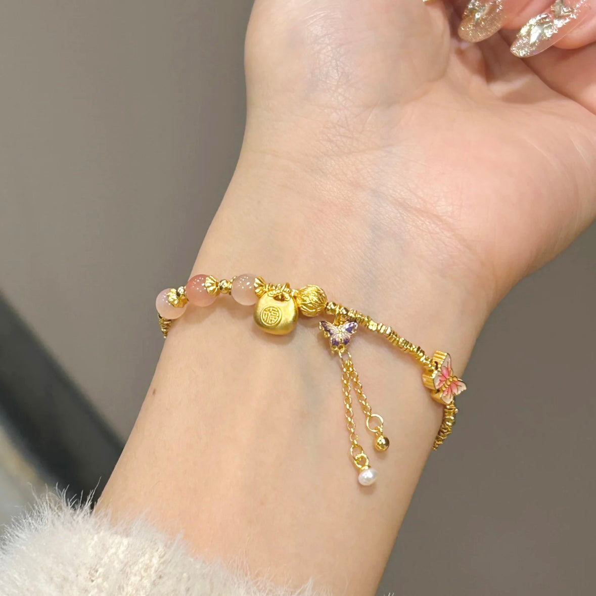 S925 Silver Agate Blessing Fu Bag Butterfly Bracelet