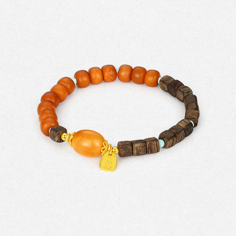 S925 Silver Ancient Chinese Style Amber Agarwood Beaded Bracelet