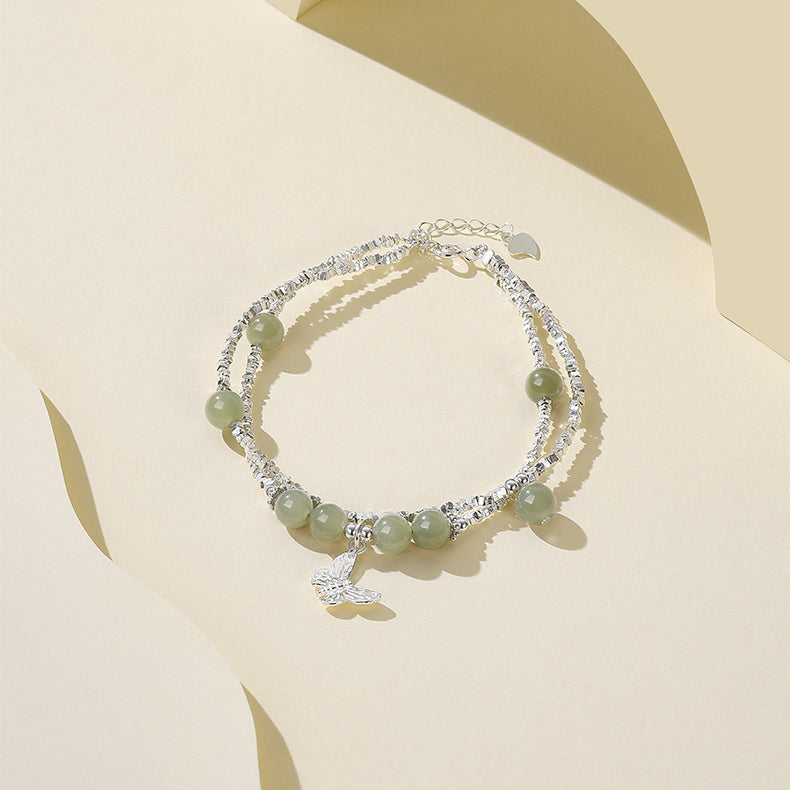S925 Silver Hetian Jade Bead Butterfly Jewelry Set - Necklace Bracelet
