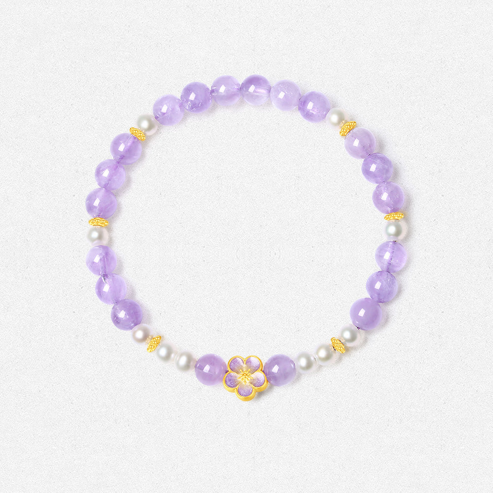 Monet Garden Series 24K Gold Amethyst Peach Blossom Beaded Bracelet