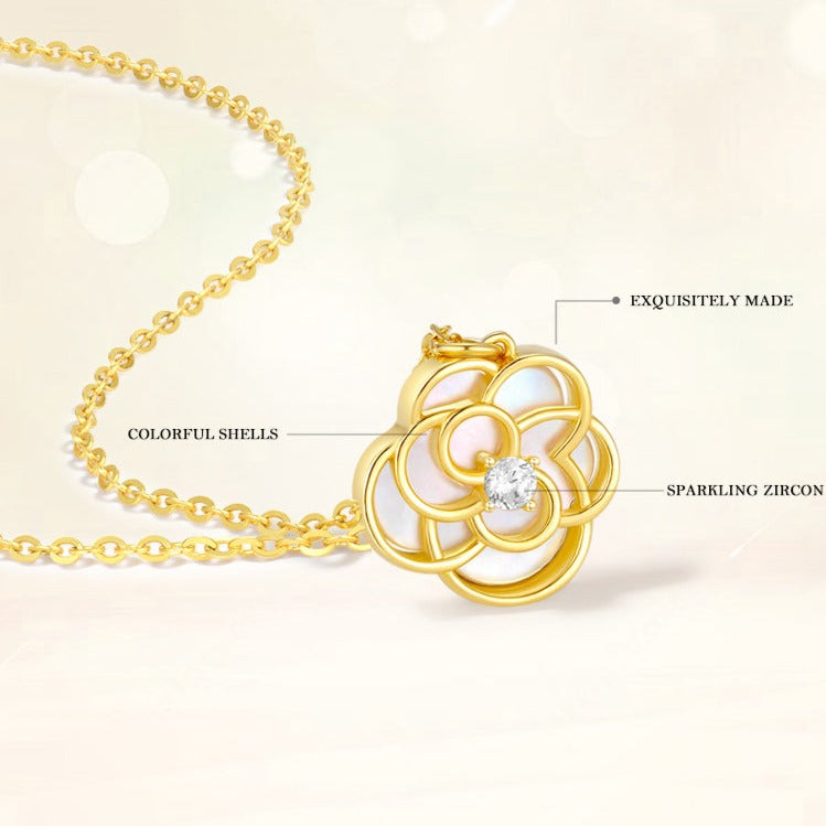 S925 Silver Camellia White Shell Necklace Jewelry Set