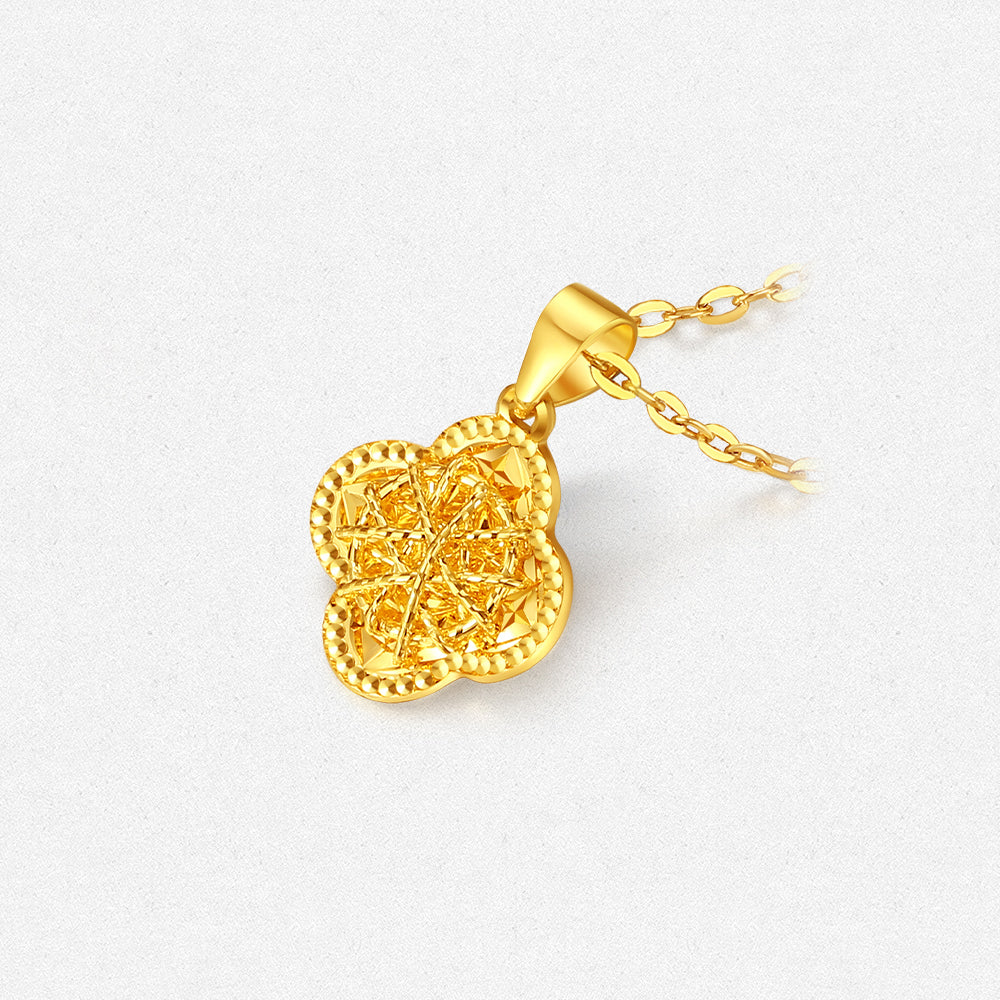 24K Gold Hollow Brushed Sugar Cube Clover Pendant