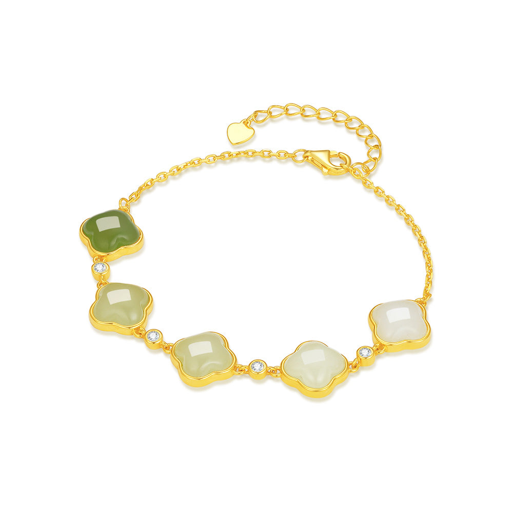 S925 Silver Gradient Color Hetian Jade Clover Bracelet