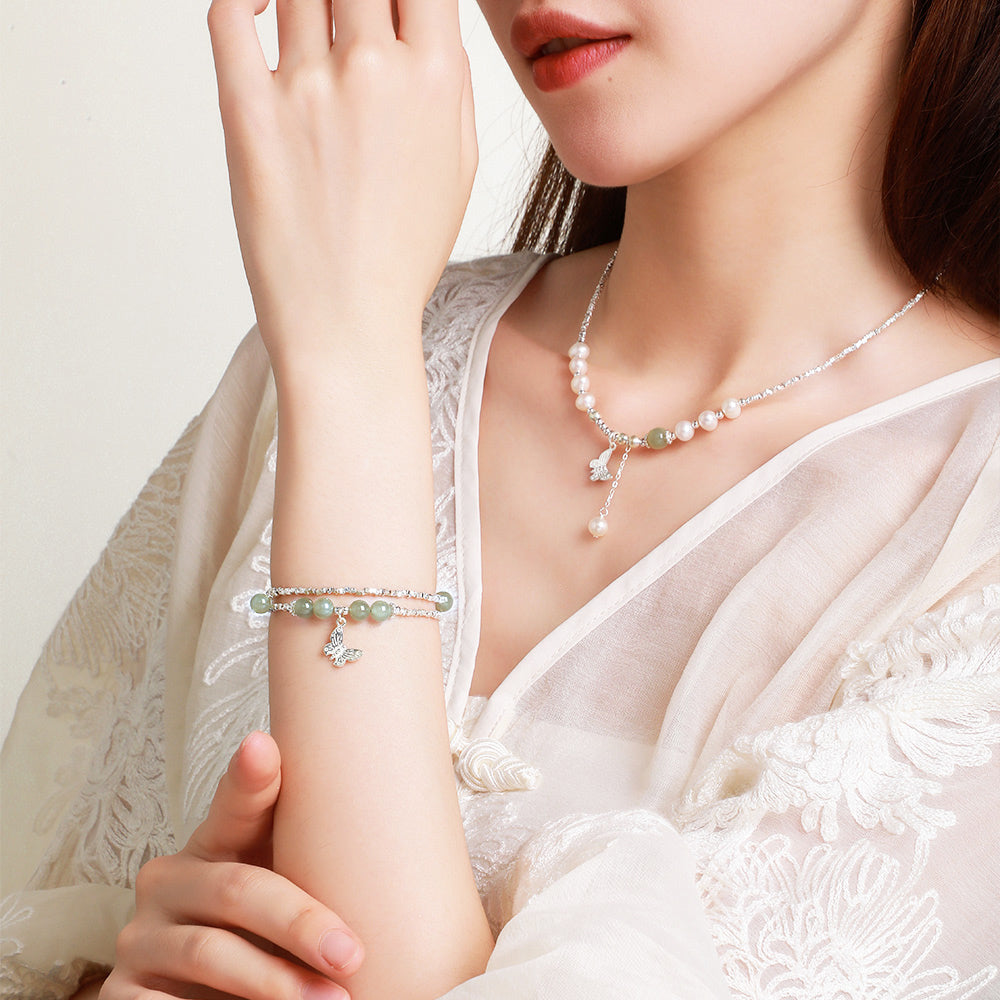 S925 Silver Hetian Jade Bead Butterfly Jewelry Set - Necklace Bracelet