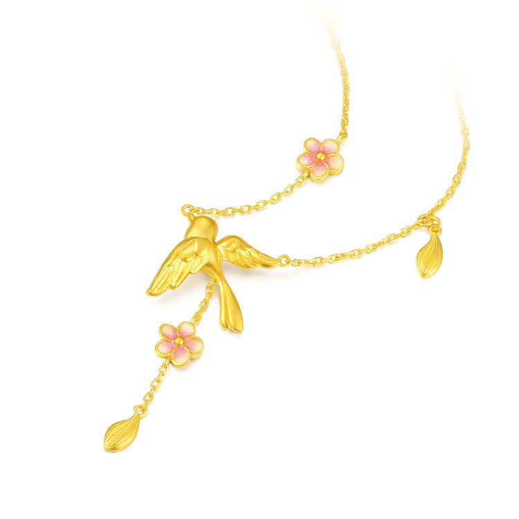 Twelve Gods of Flowers Series 24K Gold Enamel Magpie and Plum Blossom Y Necklace