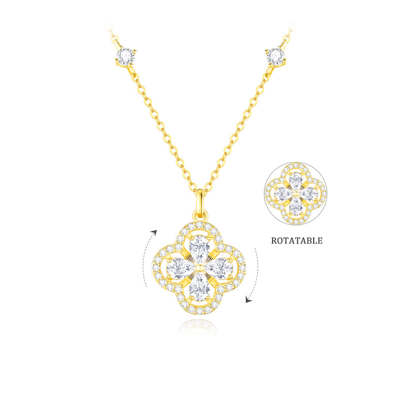 S925 Silver Zircon Double-sided Rotatable Lucky Clover Necklace