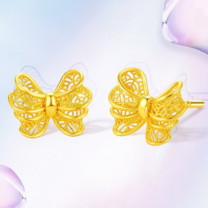 GOLDEN LIFE 24K Gold Hallow Ribbon Bow Knot Stud Earrings