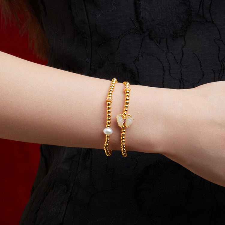 S925 Silver Pearl Hetian Jade Butterfly Layered Bracelet