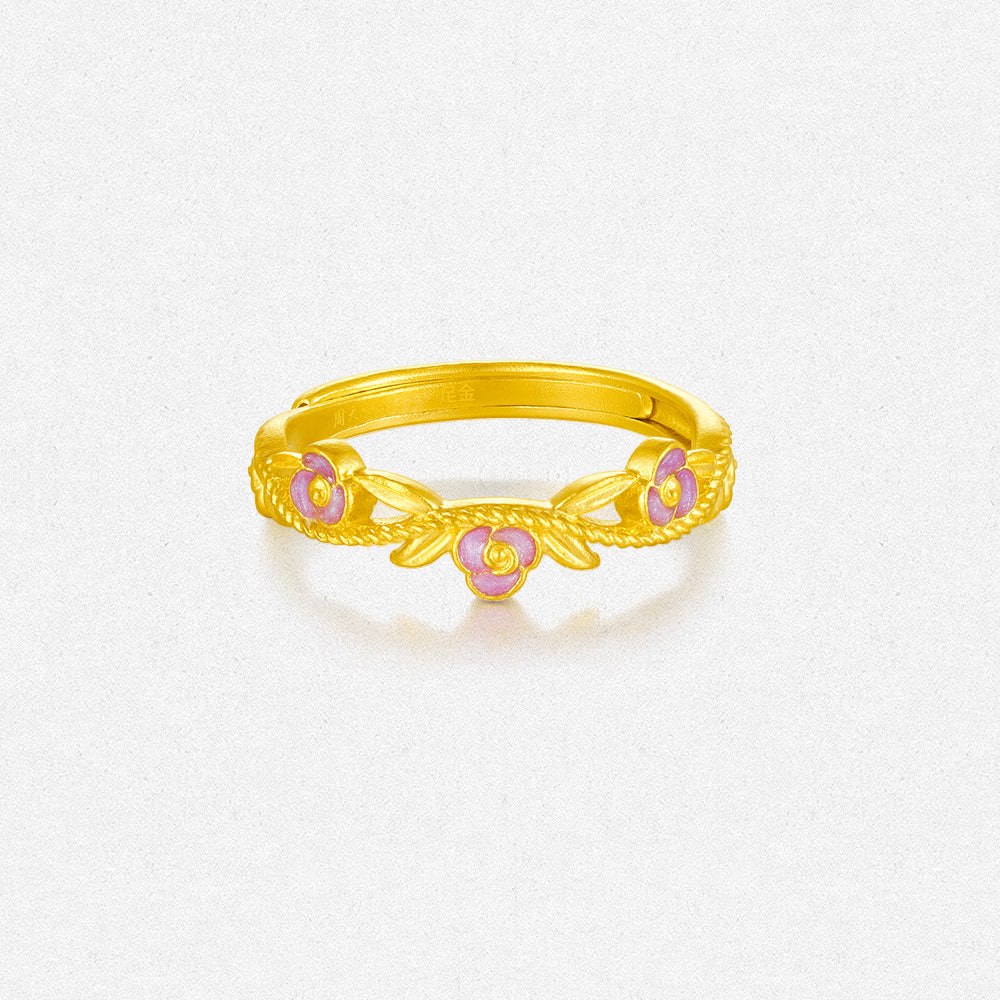 Monet Garden Series 24K Gold Enamel Pink Rose Ring