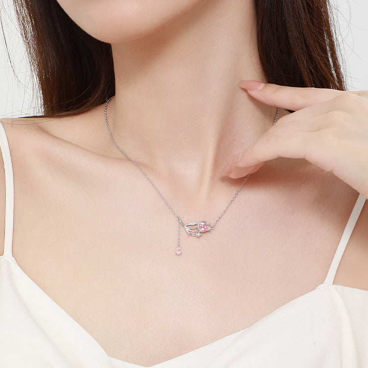 S925 Silver Zircon Pink Rose Necklace