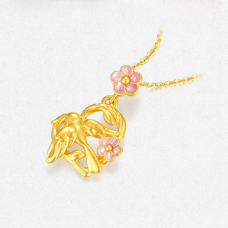 Twelve Gods of Flowers Series 24K Gold Enamel Magpie and Plum Blossom Heart Necklace Pendant