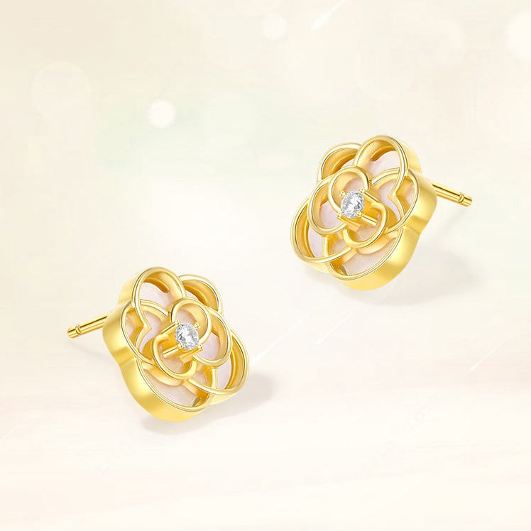 S925 Silver Camellia White Shell Necklace Jewelry Set