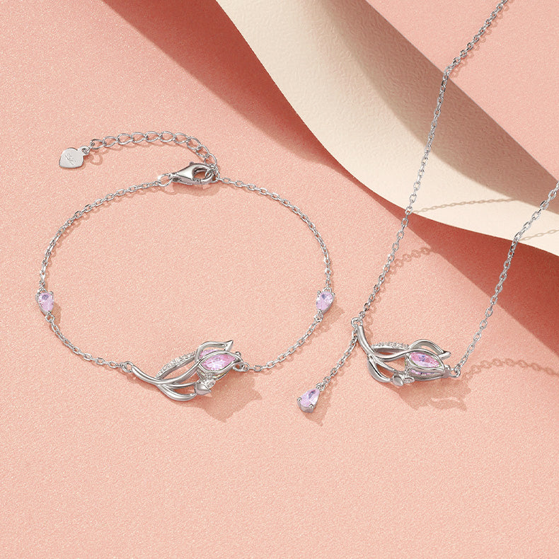 S925 Silver Zircon Pink Rose Necklace