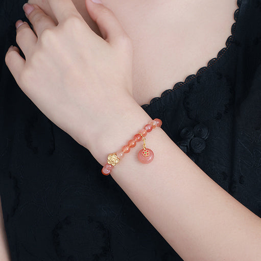 S925 Silver Peach Blossom Flower Pink Agate Beaded Bracelet