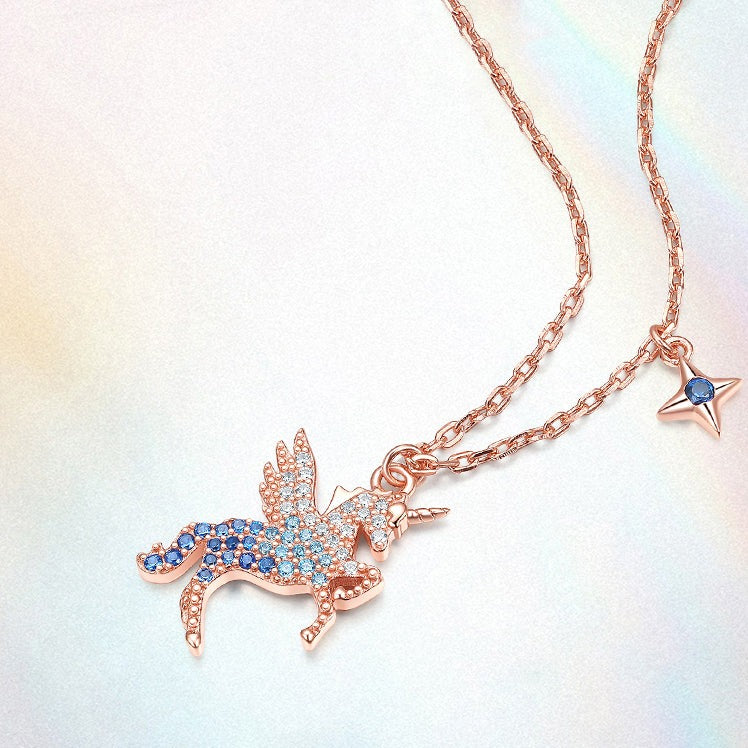 925 Silver Zircon Colorful Unicorn Necklace
