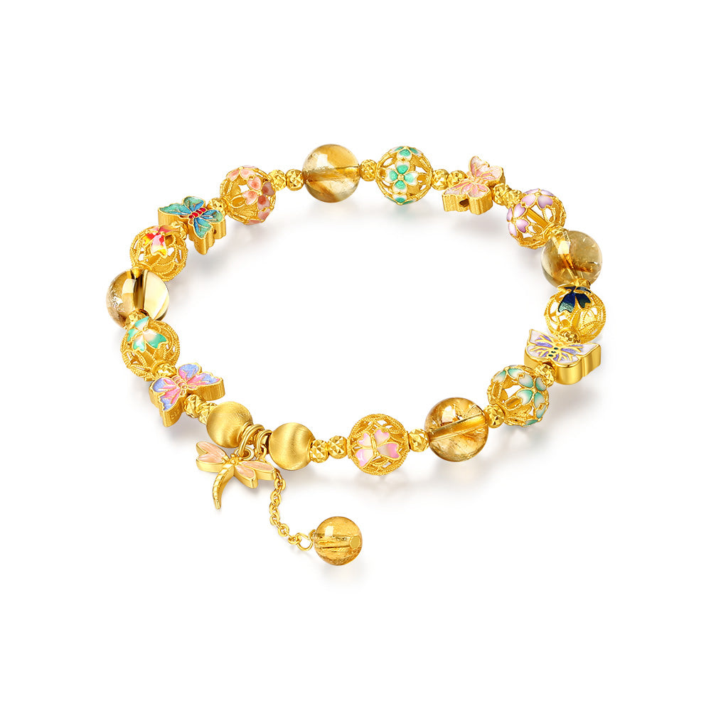 S925 Silver Dragonfly Butterfly Embroidery Ball Citrine Beaded Bracelet
