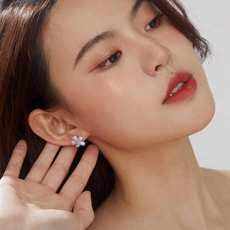 S925 Silver Zircon Pink Flower Stud Earrings