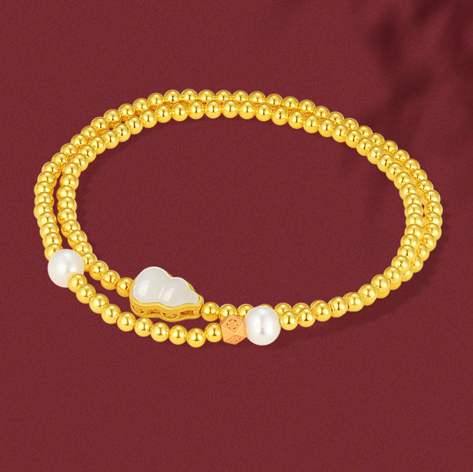 S925 Silver Pearl Hetian Jade Gourd Layered Bracelet