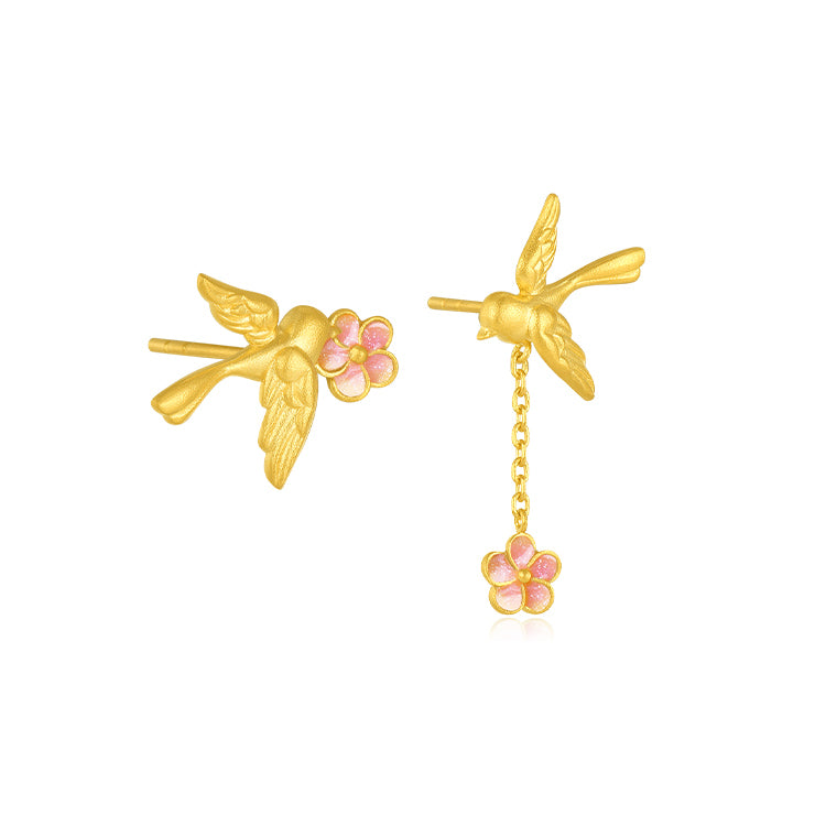 Twelve Gods of Flowers Series 24K Gold Enamel Magpie and Plum Blossom Earrings