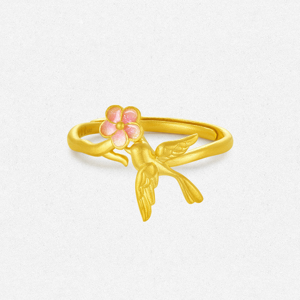 Twelve Gods of Flowers Series 24K Gold Enamel Magpie and Plum Blossom Ring
