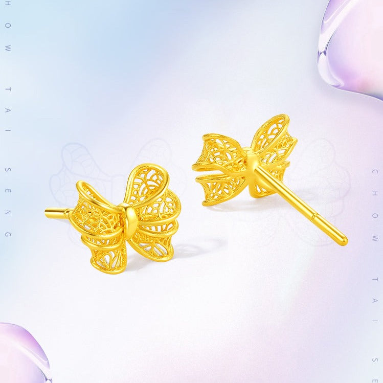 GOLDEN LIFE 24K Gold Hallow Ribbon Bow Knot Stud Earrings