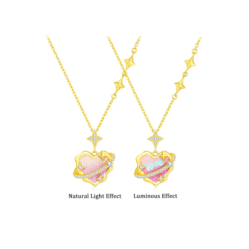 S925 Silver Secret Words Luminous Enamel Heart Planet Jewelry Set - Necklace Bracelet