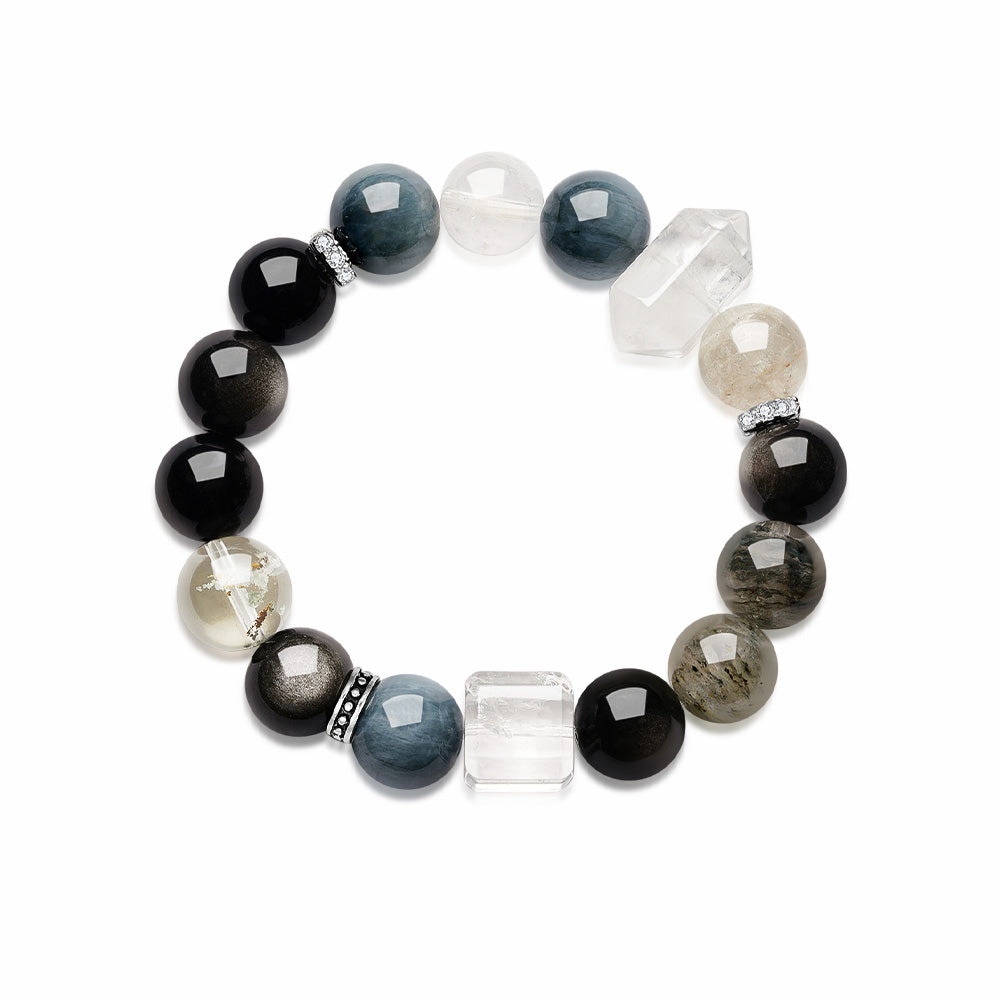 S925 Silver Natural Obsidian Crystal Beaded Men's Bracelet