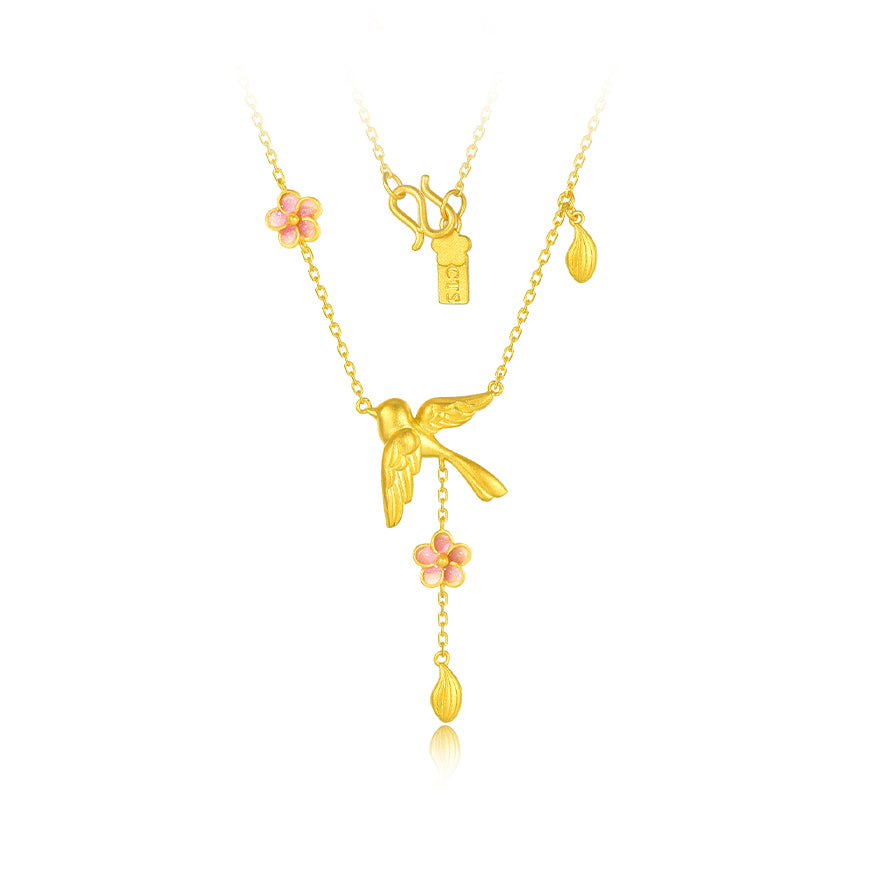 Twelve Gods of Flowers Series 24K Gold Enamel Magpie and Plum Blossom Y Necklace