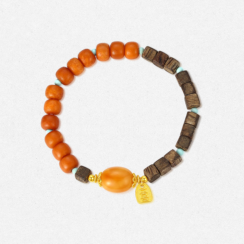 S925 Silver Ancient Chinese Style Amber Agarwood Beaded Bracelet
