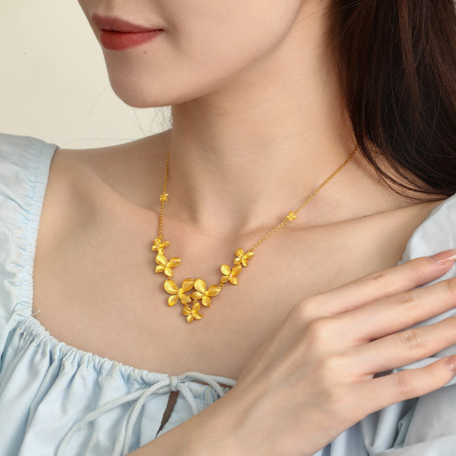 Happy Flower Wedding Series 24K Gold Butterfly Love Flower Jewelry Set - Necklace Earrings Ring
