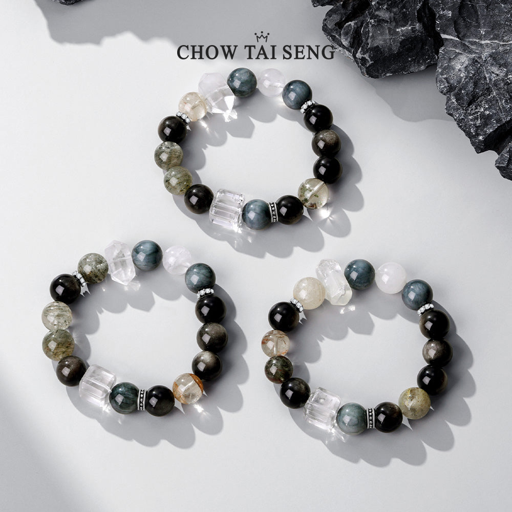 S925 Silver Natural Obsidian Crystal Beaded Men's Bracelet