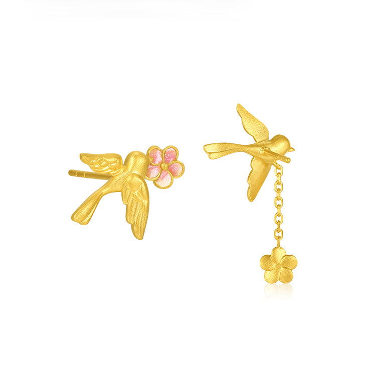 Twelve Gods of Flowers Series 24K Gold Enamel Magpie and Plum Blossom Earrings