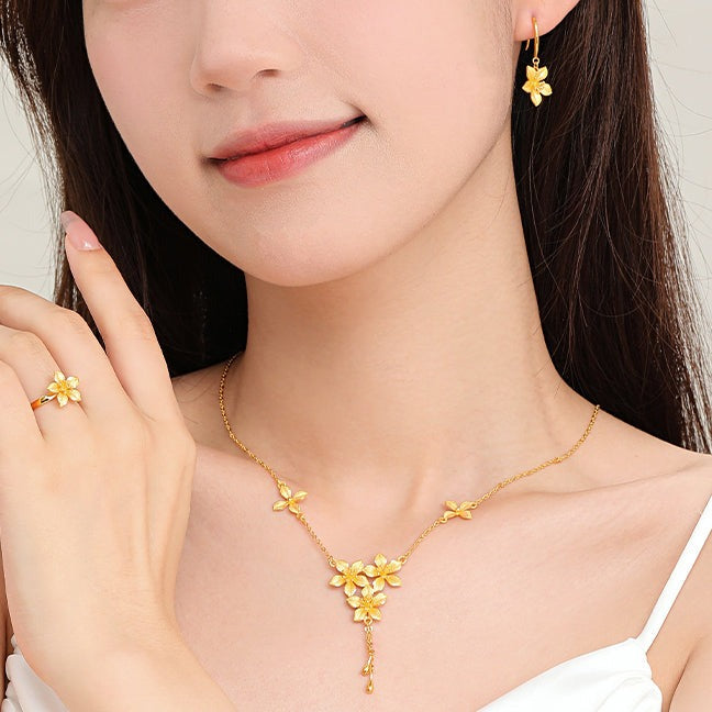 Happy Flower Wedding Series 24K Gold Cute Nicotiana Alata Flower Jewelry Set - Necklace Earrings