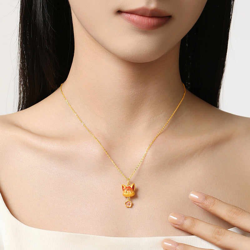 First Series 24K Gold Luminous Enamel Peach Blossom Fox Necklace Pendant