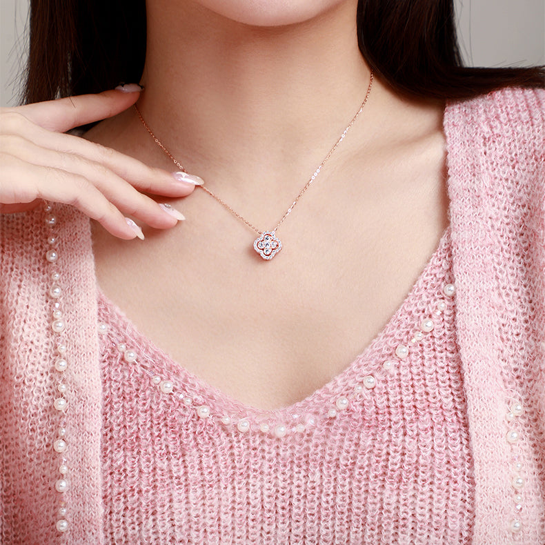 S925 Silver Zircon Double-sided Rotatable Lucky Clover Necklace