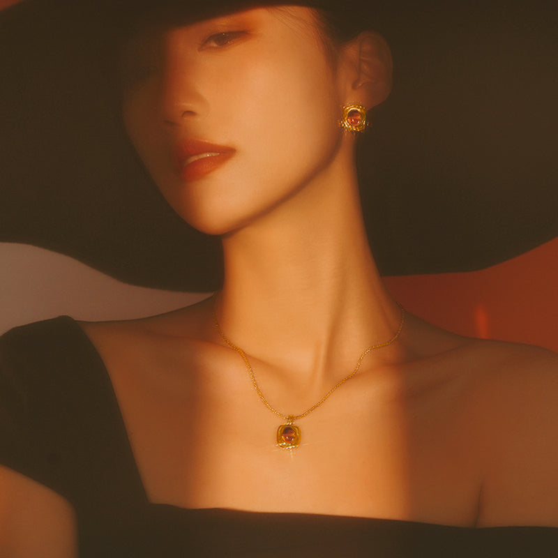 S925 Silver Alloy Tiger Eye Stone Vintage Style Jewelry Set - Neckalce Earrings