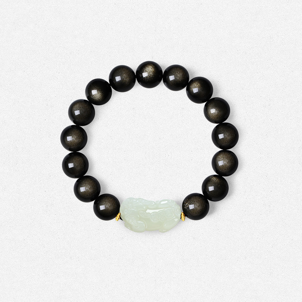 24K Gold Hetian Jade Pixiu Obsidian Men Beaded Bracelet