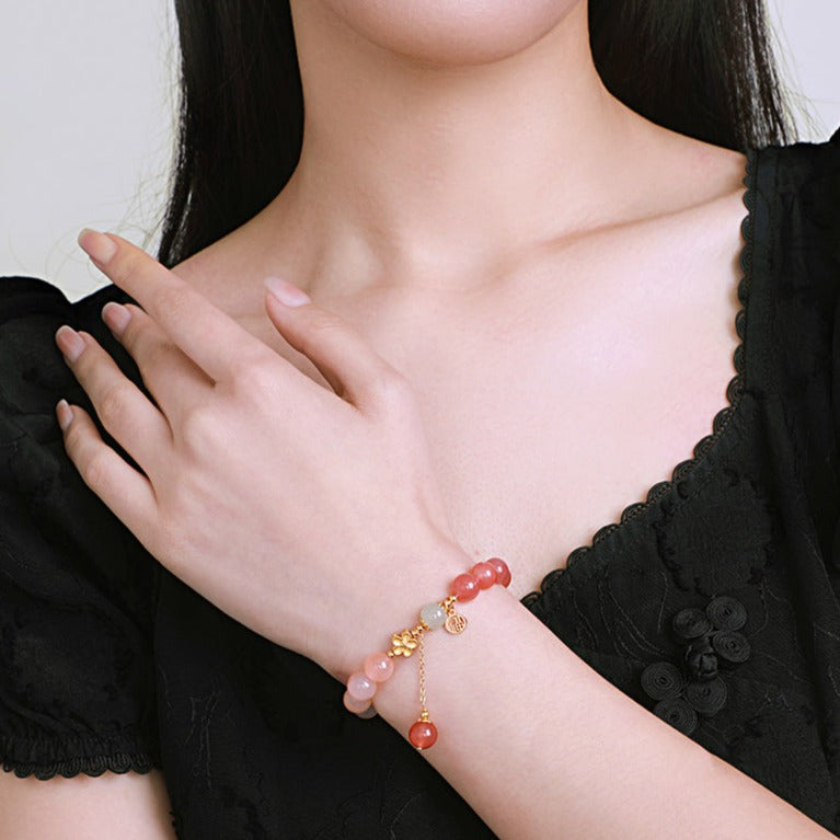 S925 Silver Peach Blossom Flower Pink Agate Beaded Bracelet