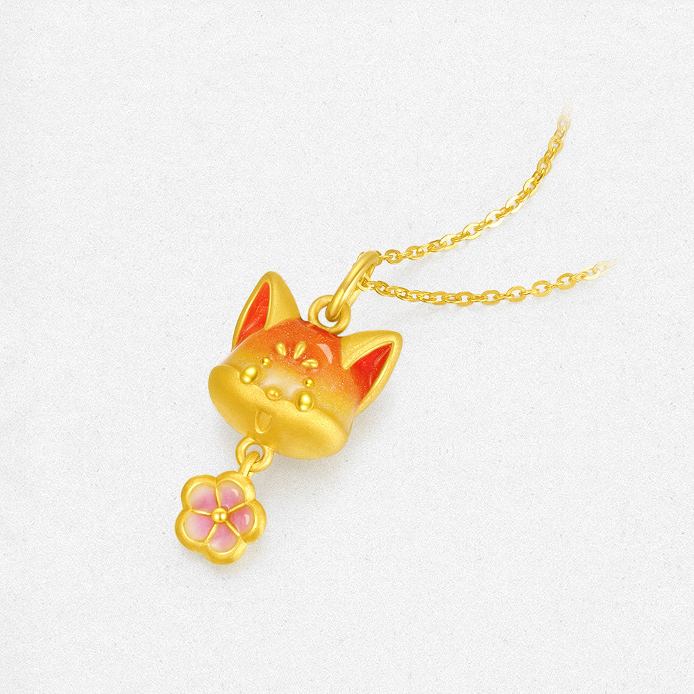 First Series 24K Gold Luminous Enamel Peach Blossom Fox Pendant