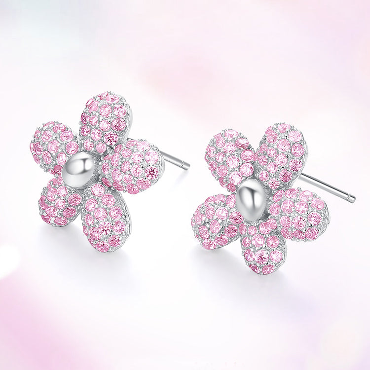 S925 Silver Zircon Pink Flower Stud Earrings