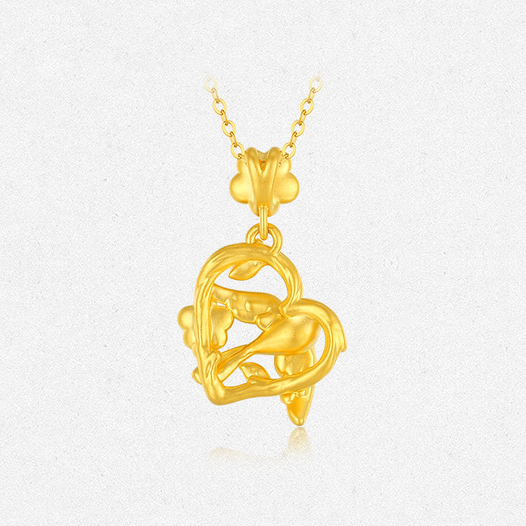 Twelve Gods of Flowers Series 24K Gold Enamel Magpie and Plum Blossom Heart Necklace Pendant